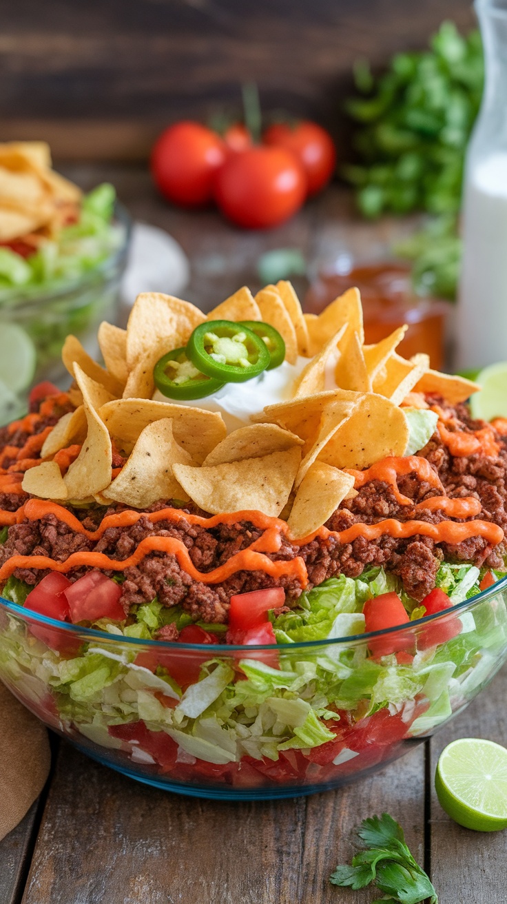 Loaded Taco Salad with ground beef, lettuce, tomatoes, cheese, and Doritos topped with Catalina dressing on a rustic table.